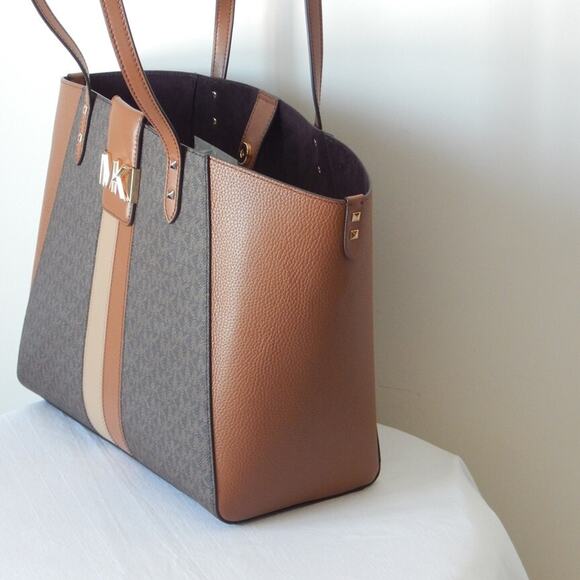 MICHAEL KORS KARLIE Monogram Center Stripes Studs Brown Multi Large Tote Bag NWT - Picture 4 of 12